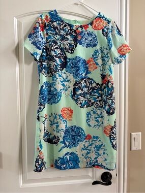 J. Crew Mint Shift Dress with Blue & Coral Floral Print